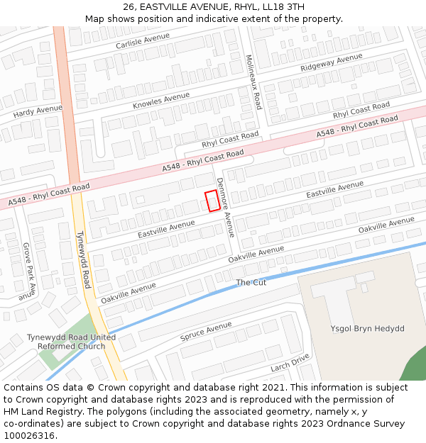 26, EASTVILLE AVENUE, RHYL, LL18 3TH: Location map and indicative extent of plot