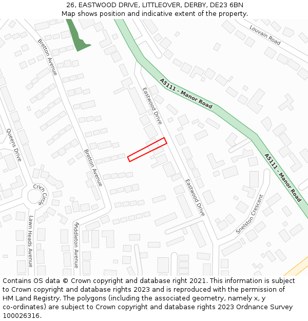26, EASTWOOD DRIVE, LITTLEOVER, DERBY, DE23 6BN: Location map and indicative extent of plot