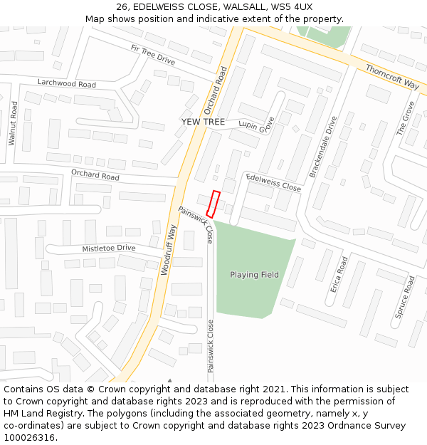 26, EDELWEISS CLOSE, WALSALL, WS5 4UX: Location map and indicative extent of plot
