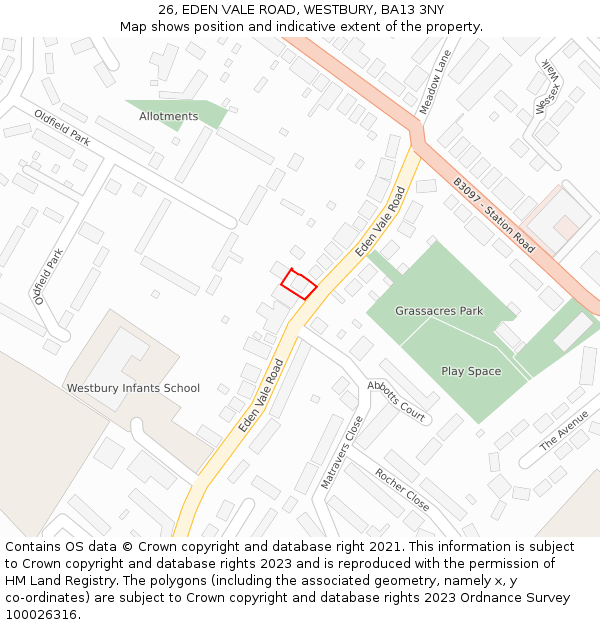 26, EDEN VALE ROAD, WESTBURY, BA13 3NY: Location map and indicative extent of plot