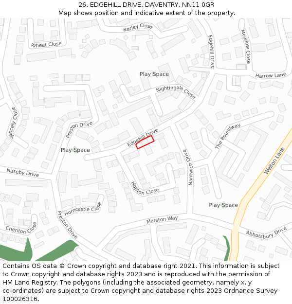 26, EDGEHILL DRIVE, DAVENTRY, NN11 0GR: Location map and indicative extent of plot