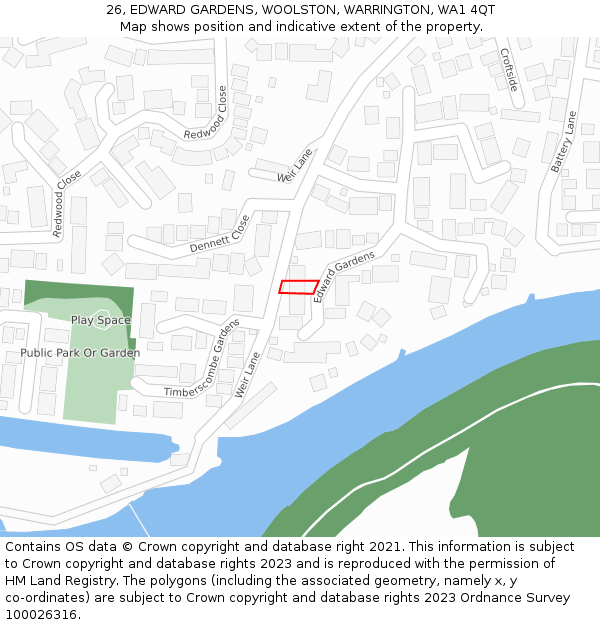 26, EDWARD GARDENS, WOOLSTON, WARRINGTON, WA1 4QT: Location map and indicative extent of plot