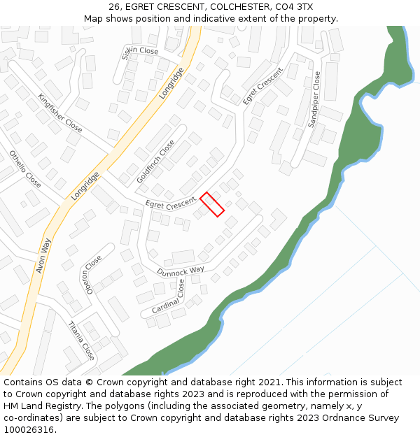 26, EGRET CRESCENT, COLCHESTER, CO4 3TX: Location map and indicative extent of plot