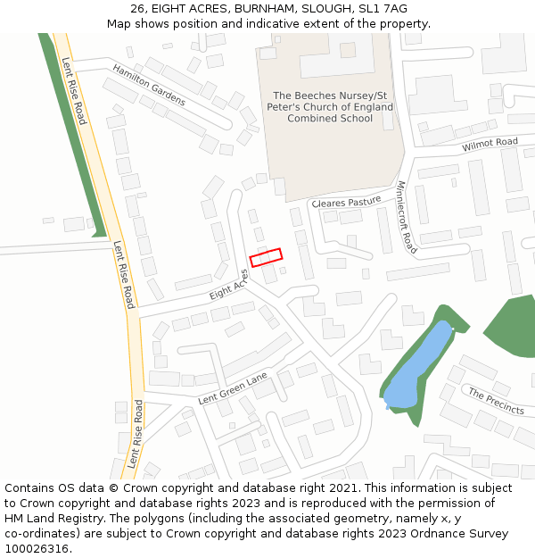 26, EIGHT ACRES, BURNHAM, SLOUGH, SL1 7AG: Location map and indicative extent of plot