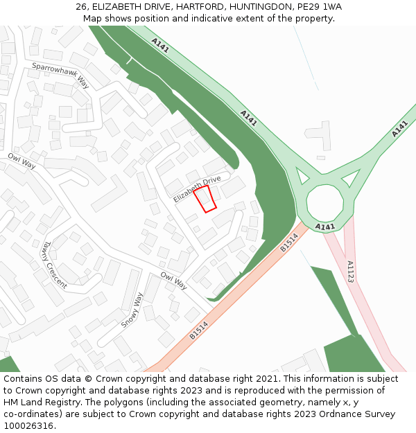 26, ELIZABETH DRIVE, HARTFORD, HUNTINGDON, PE29 1WA: Location map and indicative extent of plot