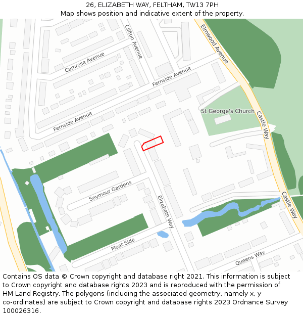 26, ELIZABETH WAY, FELTHAM, TW13 7PH: Location map and indicative extent of plot