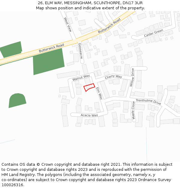 26, ELM WAY, MESSINGHAM, SCUNTHORPE, DN17 3UR: Location map and indicative extent of plot