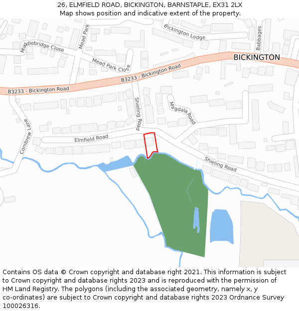 26, ELMFIELD ROAD, BICKINGTON, BARNSTAPLE, EX31 2LX: Location map and indicative extent of plot