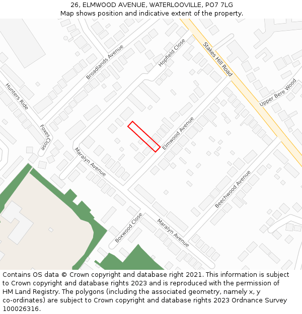 26, ELMWOOD AVENUE, WATERLOOVILLE, PO7 7LG: Location map and indicative extent of plot