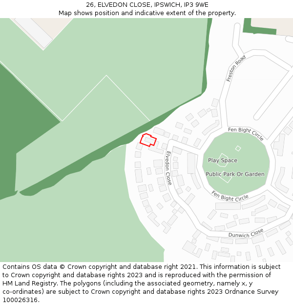 26, ELVEDON CLOSE, IPSWICH, IP3 9WE: Location map and indicative extent of plot