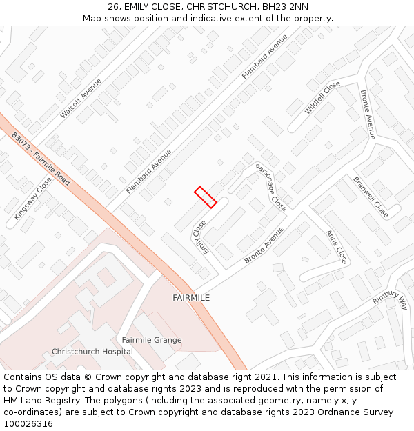 26, EMILY CLOSE, CHRISTCHURCH, BH23 2NN: Location map and indicative extent of plot