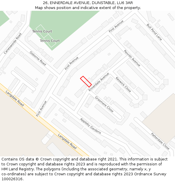 26, ENNERDALE AVENUE, DUNSTABLE, LU6 3AR: Location map and indicative extent of plot