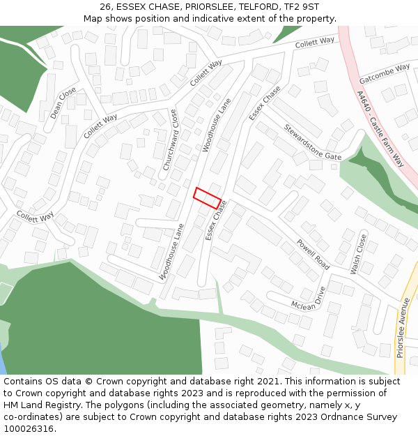 26, ESSEX CHASE, PRIORSLEE, TELFORD, TF2 9ST: Location map and indicative extent of plot