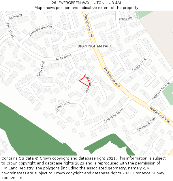 26, EVERGREEN WAY, LUTON, LU3 4AL: Location map and indicative extent of plot