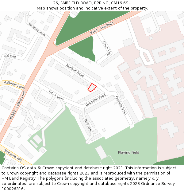 26, FAIRFIELD ROAD, EPPING, CM16 6SU: Location map and indicative extent of plot