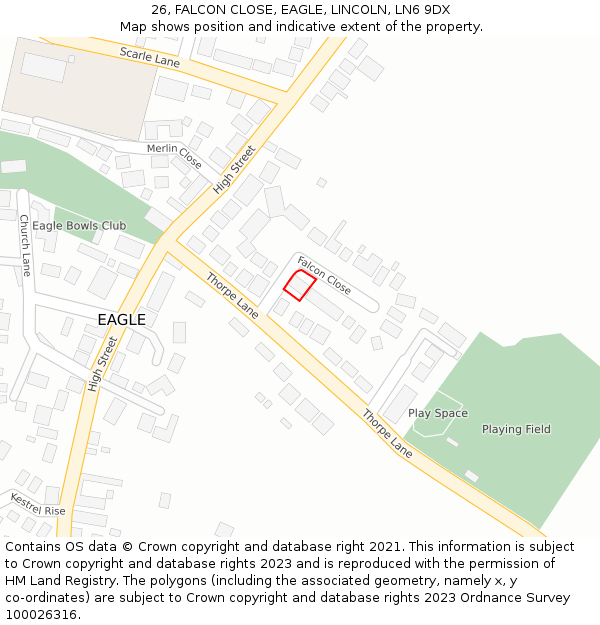 26, FALCON CLOSE, EAGLE, LINCOLN, LN6 9DX: Location map and indicative extent of plot