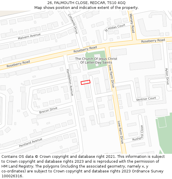 26, FALMOUTH CLOSE, REDCAR, TS10 4GQ: Location map and indicative extent of plot