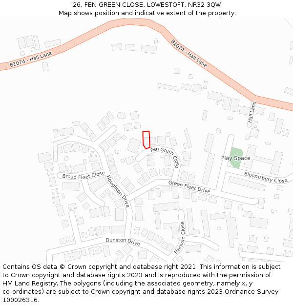 26, FEN GREEN CLOSE, LOWESTOFT, NR32 3QW: Location map and indicative extent of plot