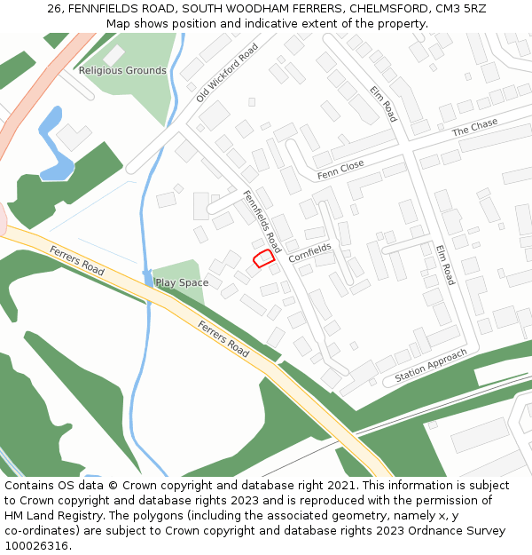 26, FENNFIELDS ROAD, SOUTH WOODHAM FERRERS, CHELMSFORD, CM3 5RZ: Location map and indicative extent of plot