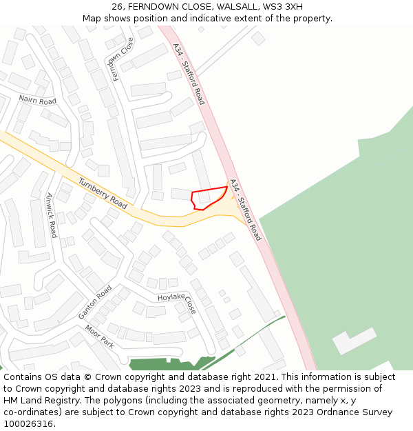 26, FERNDOWN CLOSE, WALSALL, WS3 3XH: Location map and indicative extent of plot