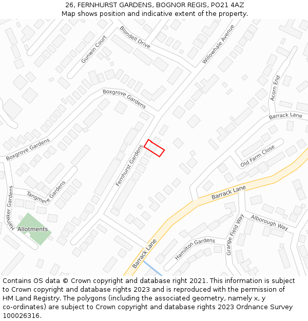 26, FERNHURST GARDENS, BOGNOR REGIS, PO21 4AZ: Location map and indicative extent of plot