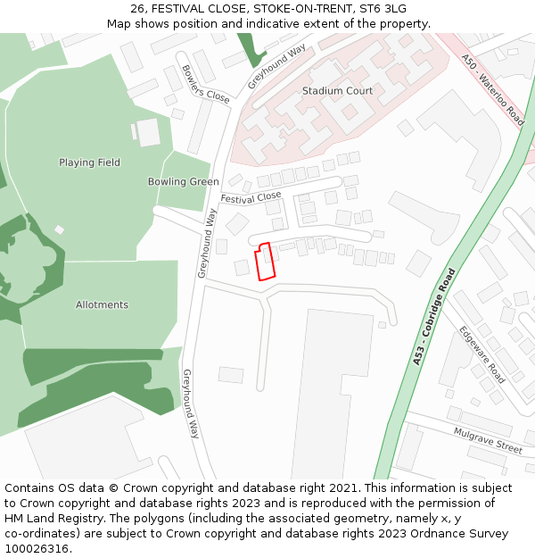 26, FESTIVAL CLOSE, STOKE-ON-TRENT, ST6 3LG: Location map and indicative extent of plot