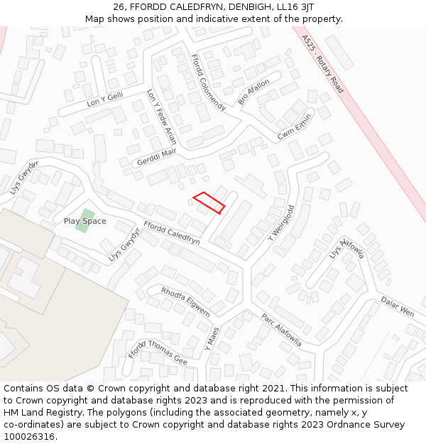 26, FFORDD CALEDFRYN, DENBIGH, LL16 3JT: Location map and indicative extent of plot