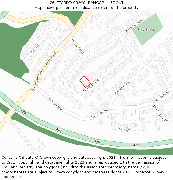 26, FFORDD CRWYS, BANGOR, LL57 2NT: Location map and indicative extent of plot