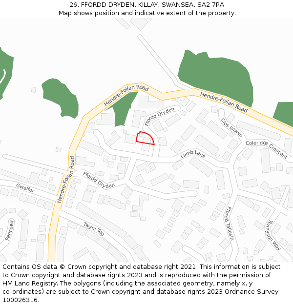 26, FFORDD DRYDEN, KILLAY, SWANSEA, SA2 7PA: Location map and indicative extent of plot