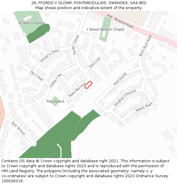 26, FFORDD Y GLOWR, PONTARDDULAIS, SWANSEA, SA4 8ED: Location map and indicative extent of plot