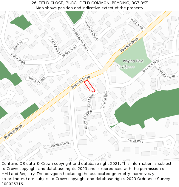 26, FIELD CLOSE, BURGHFIELD COMMON, READING, RG7 3YZ: Location map and indicative extent of plot