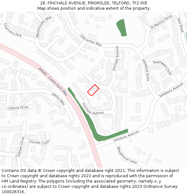 26, FINCHALE AVENUE, PRIORSLEE, TELFORD, TF2 9YE: Location map and indicative extent of plot