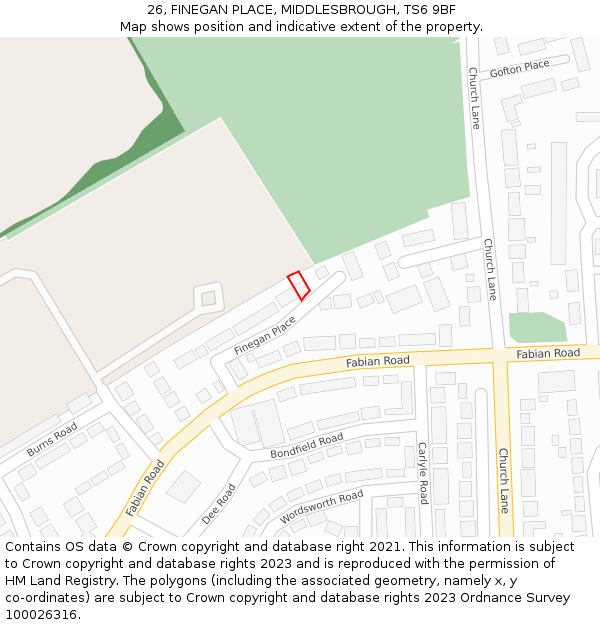 26, FINEGAN PLACE, MIDDLESBROUGH, TS6 9BF: Location map and indicative extent of plot