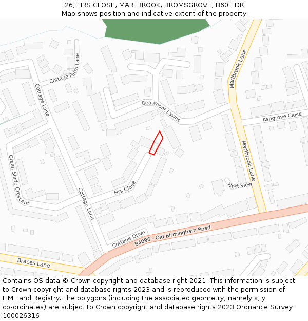 26, FIRS CLOSE, MARLBROOK, BROMSGROVE, B60 1DR: Location map and indicative extent of plot