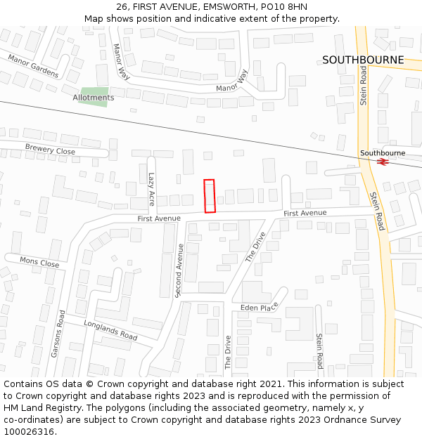 26, FIRST AVENUE, EMSWORTH, PO10 8HN: Location map and indicative extent of plot