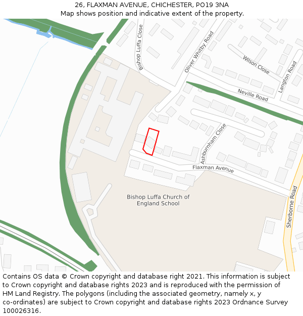 26, FLAXMAN AVENUE, CHICHESTER, PO19 3NA: Location map and indicative extent of plot