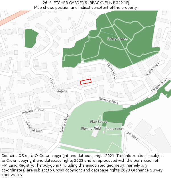 26, FLETCHER GARDENS, BRACKNELL, RG42 1FJ: Location map and indicative extent of plot