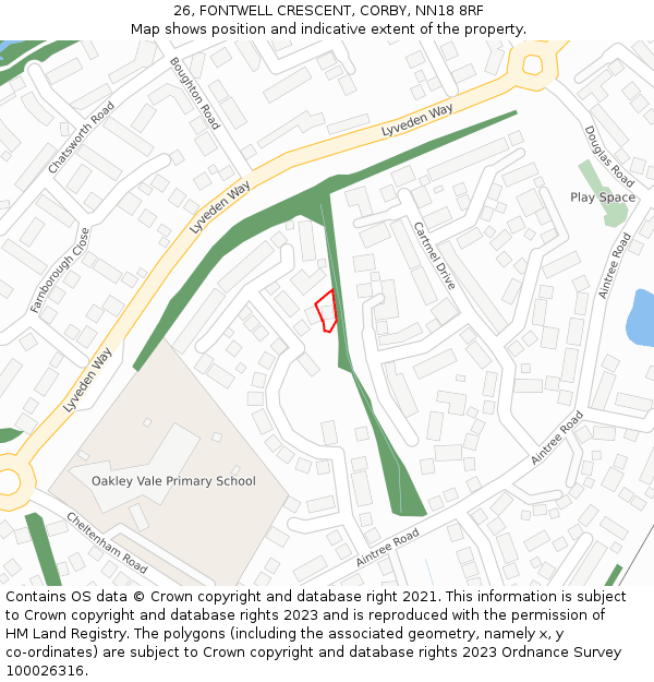 26, FONTWELL CRESCENT, CORBY, NN18 8RF: Location map and indicative extent of plot