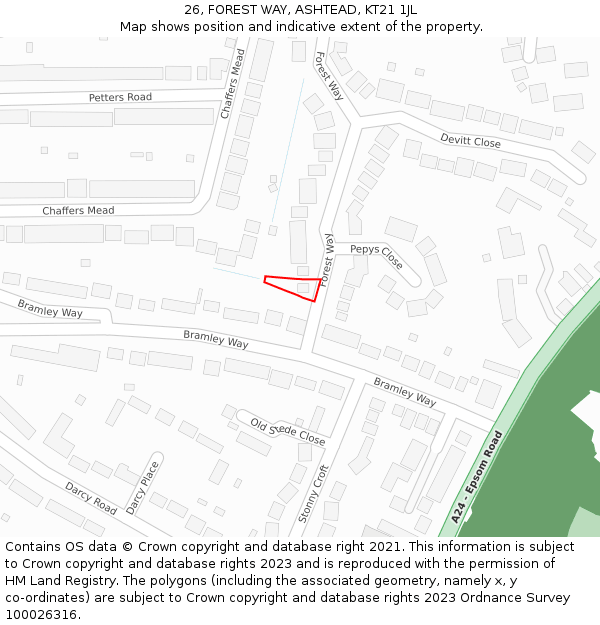 26, FOREST WAY, ASHTEAD, KT21 1JL: Location map and indicative extent of plot