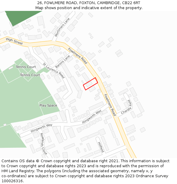 26, FOWLMERE ROAD, FOXTON, CAMBRIDGE, CB22 6RT: Location map and indicative extent of plot