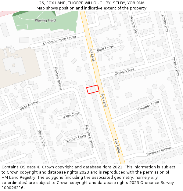 26, FOX LANE, THORPE WILLOUGHBY, SELBY, YO8 9NA: Location map and indicative extent of plot