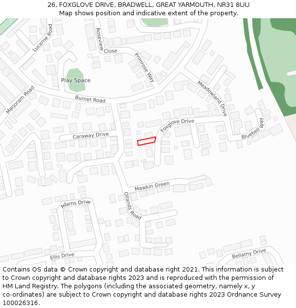 26, FOXGLOVE DRIVE, BRADWELL, GREAT YARMOUTH, NR31 8UU: Location map and indicative extent of plot