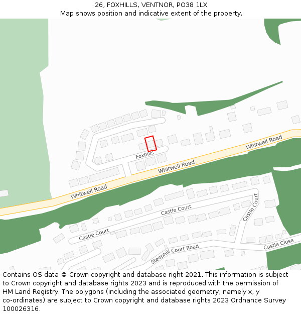 26, FOXHILLS, VENTNOR, PO38 1LX: Location map and indicative extent of plot