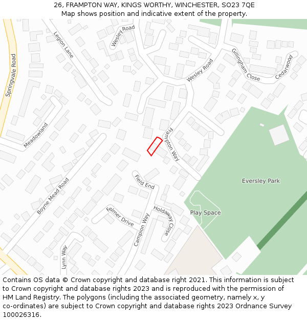 26, FRAMPTON WAY, KINGS WORTHY, WINCHESTER, SO23 7QE: Location map and indicative extent of plot