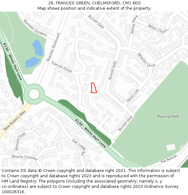 26, FRANCES GREEN, CHELMSFORD, CM1 6EG: Location map and indicative extent of plot