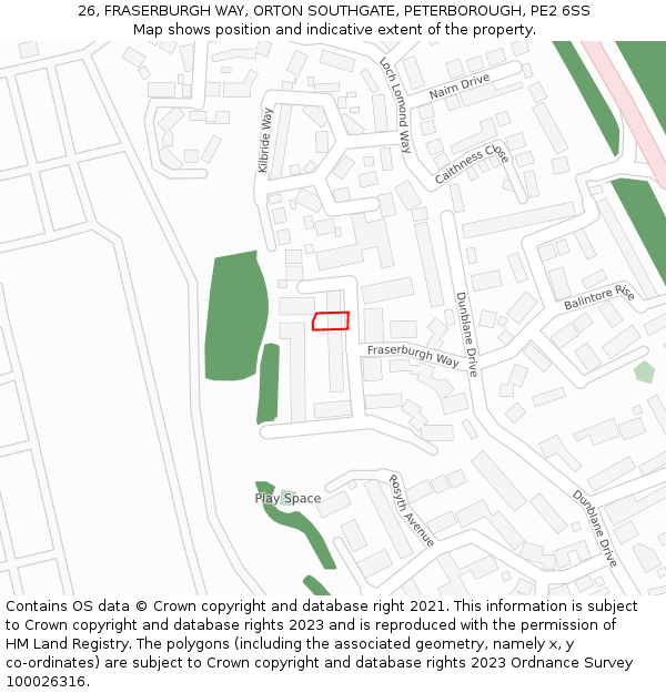26, FRASERBURGH WAY, ORTON SOUTHGATE, PETERBOROUGH, PE2 6SS: Location map and indicative extent of plot