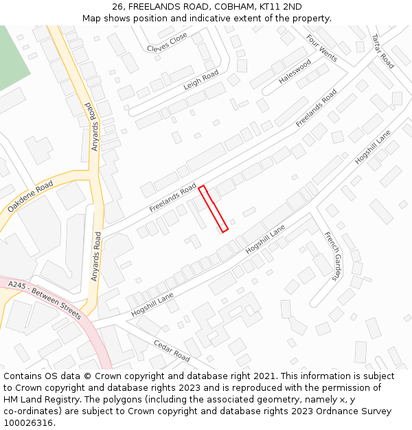 26, FREELANDS ROAD, COBHAM, KT11 2ND: Location map and indicative extent of plot