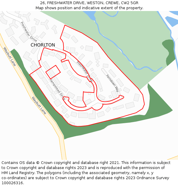 26, FRESHWATER DRIVE, WESTON, CREWE, CW2 5GR: Location map and indicative extent of plot