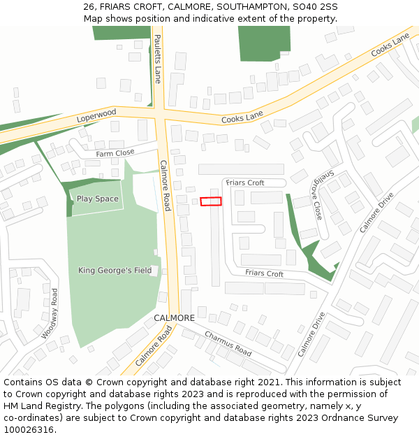 26, FRIARS CROFT, CALMORE, SOUTHAMPTON, SO40 2SS: Location map and indicative extent of plot