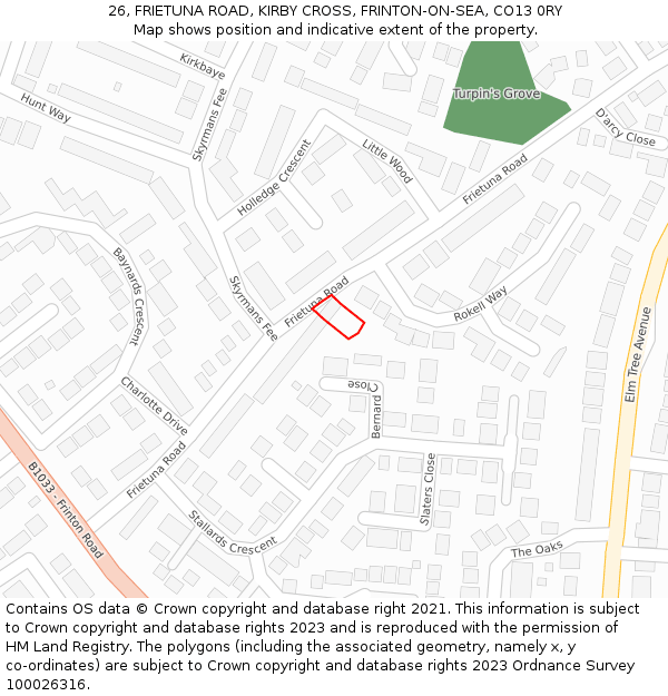 26, FRIETUNA ROAD, KIRBY CROSS, FRINTON-ON-SEA, CO13 0RY: Location map and indicative extent of plot